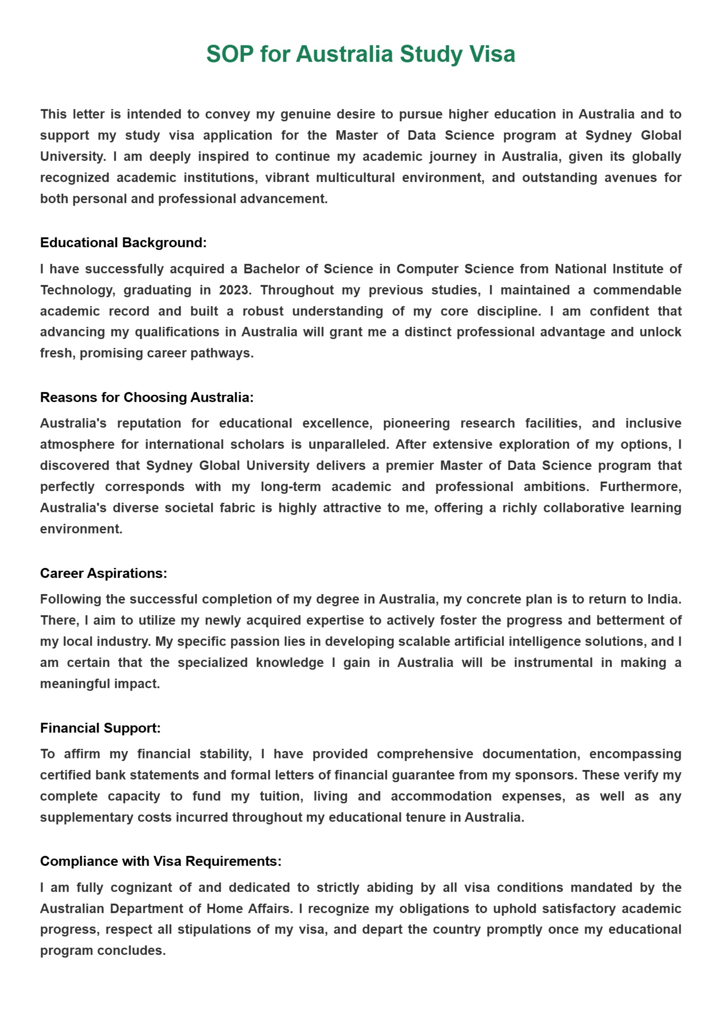 Australia Student Visa Statement of Purpose